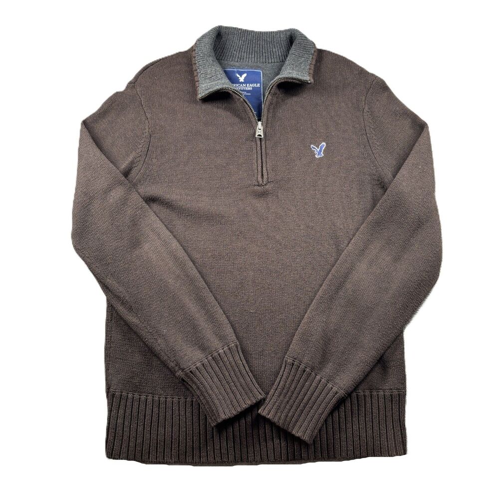 American Eagle Men Sweater 1/4 Zip Knit Vintage Y2K Preppy Brown Large Q230